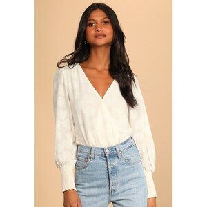 Lulus Pure Sweetness Ivory Floral Jacquard Long Sleeve Bodysuit White - Size XL